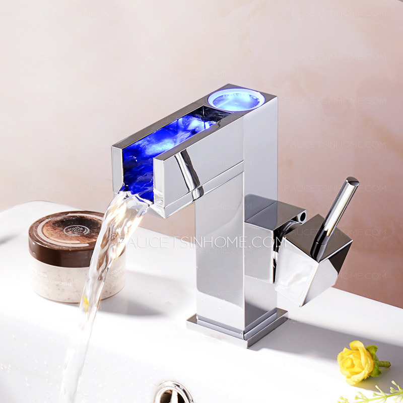 Modern LED Single Handle Chrome Square Waterfall Bathroom Sink Faucet