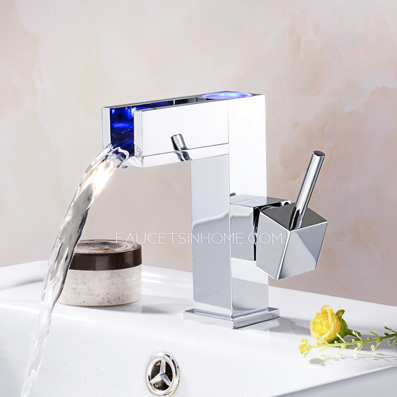 Modern LED Single Handle Chrome Square Waterfall Bathroom Sink Faucet