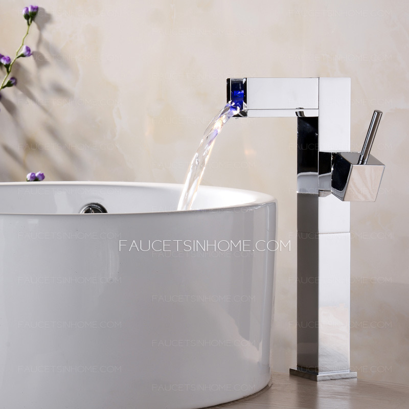 Silver Chrome Square LED Brass Waterfall Sink Faucets For Bathroom