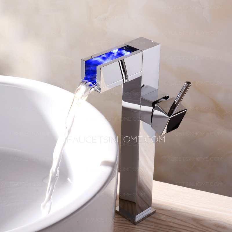 Silver Chrome Square LED Brass Waterfall Sink Faucets For Bathroom