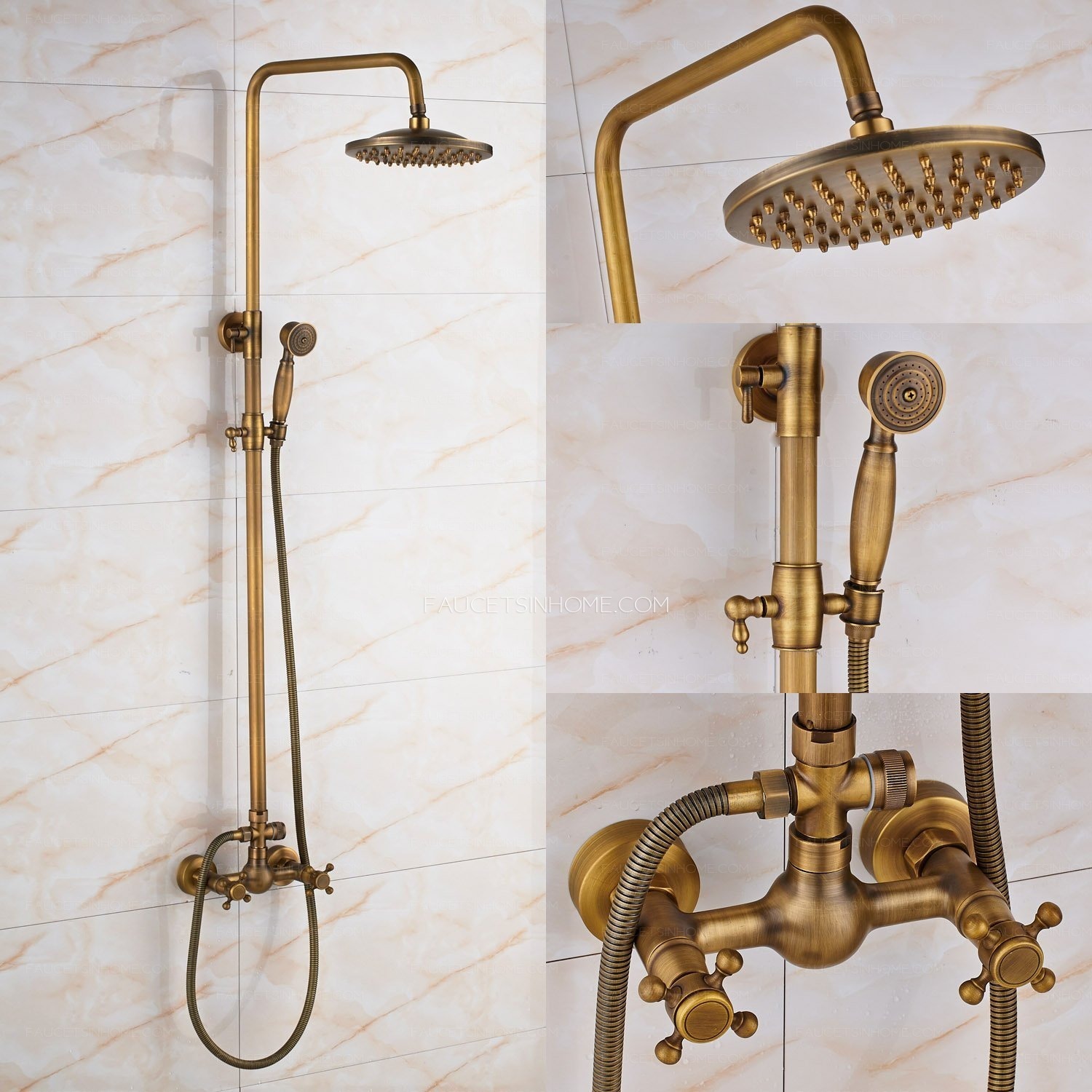 Antique Brass Rainfall Shower Faucet Brushed Gold Shower Head