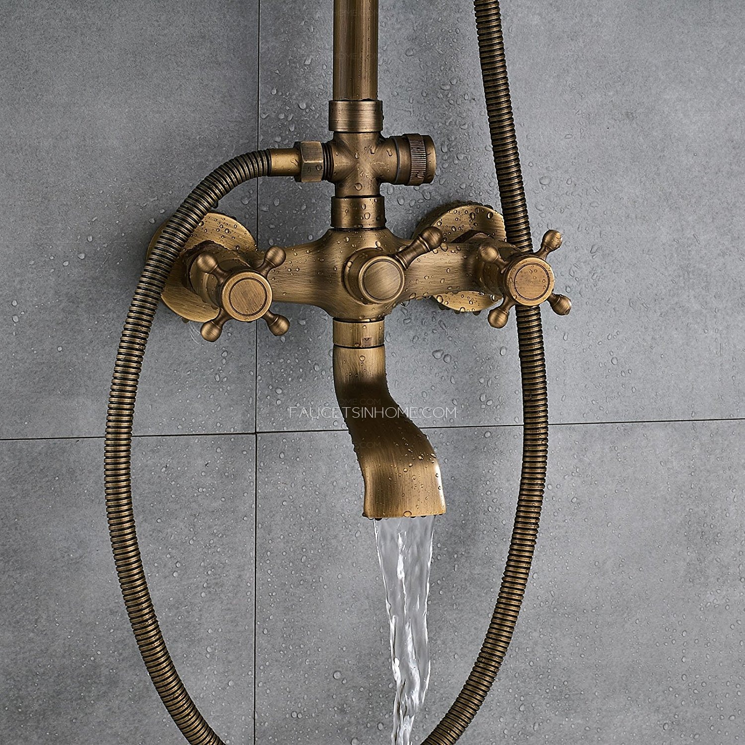 Antique Brass Shower Faucet Brushed Gold Rainfall Shower Head