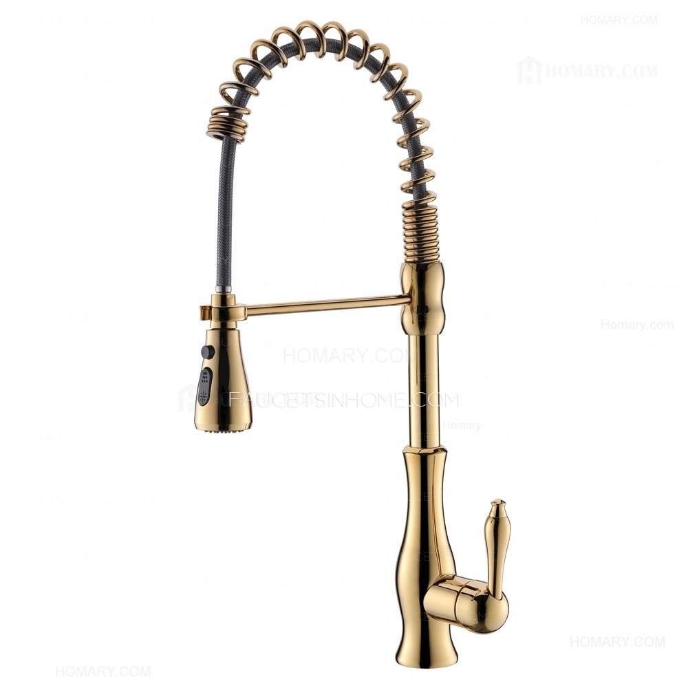 Polished Gold Single Handle Spring Kitchen Sink Faucet Pull Down Sprayer