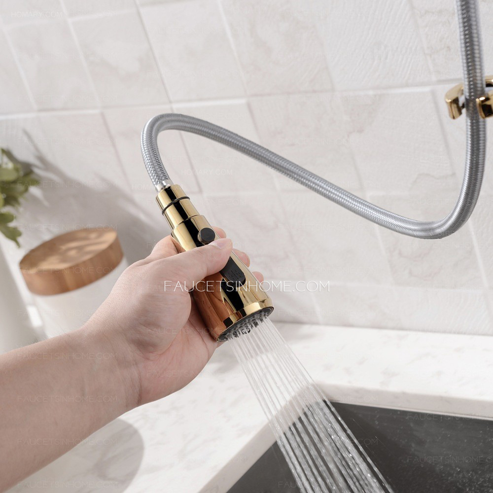 Polished Gold Single Handle Spring Kitchen Sink Faucet Pull Down Sprayer