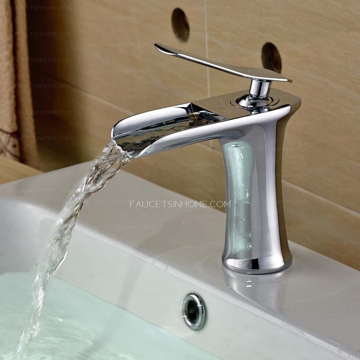 Silver Chrome Waterfall Bathroom Sink Faucet Single Handle Square Shape