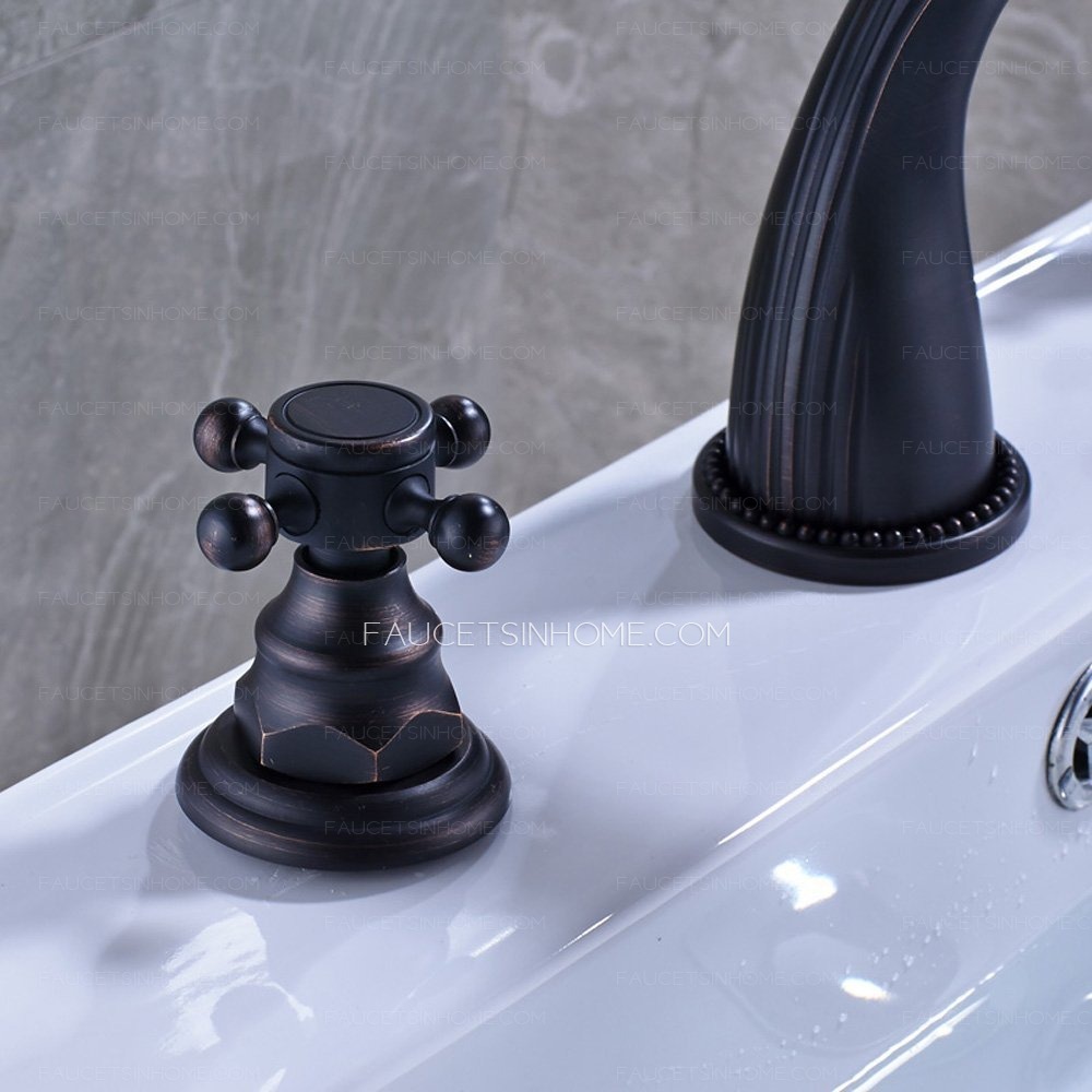 Matte Black Three Hole Double Cross Handle Bathroom Sink Faucet