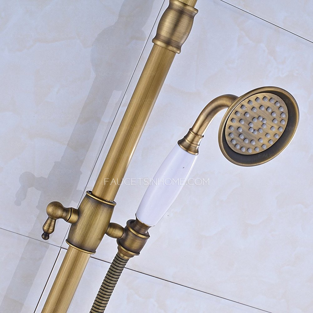 Antique Brass Rainfall Shower Head Faucet System Porcelain Handheld Spray