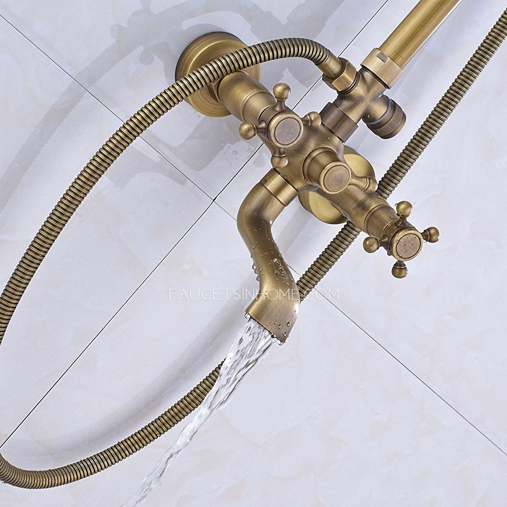 Antique Brass Rainfall Shower Head Faucet System Porcelain Handheld Spray