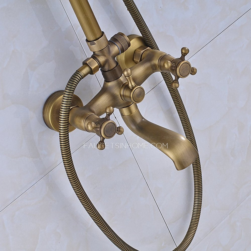 Antique Brass Rainfall Shower Head Faucet System Porcelain Handheld Spray