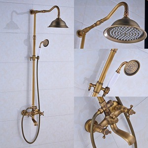 Antique Brass Rainfall Shower Head Faucet System Porcelain Handheld Spray