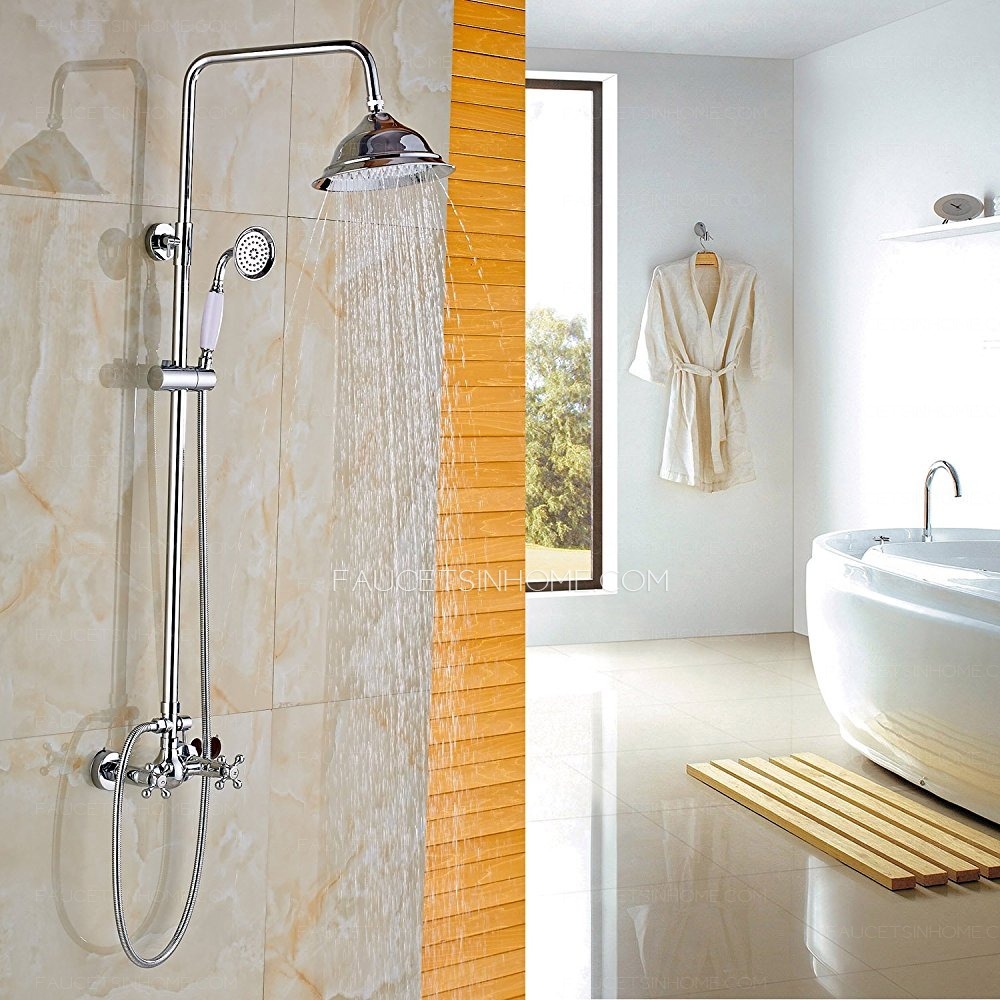 8 Inch Rainfall Shower Faucet Set Chrome Finish Porcelain Handheld Spray