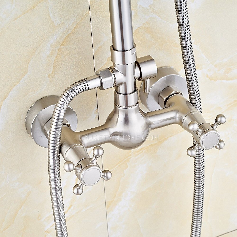 Brushed Nickel Double Knob Hand Held Sprayer Shower Fixture Faucet Bathroom