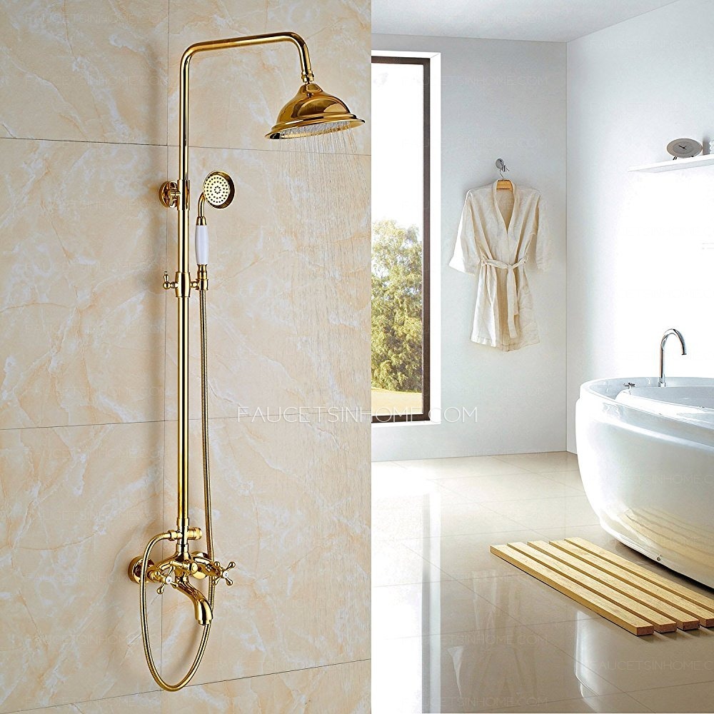 Polished Gold 8 Inch Rainfall Shower Head System Porcelain Handheld Double Cross Handle