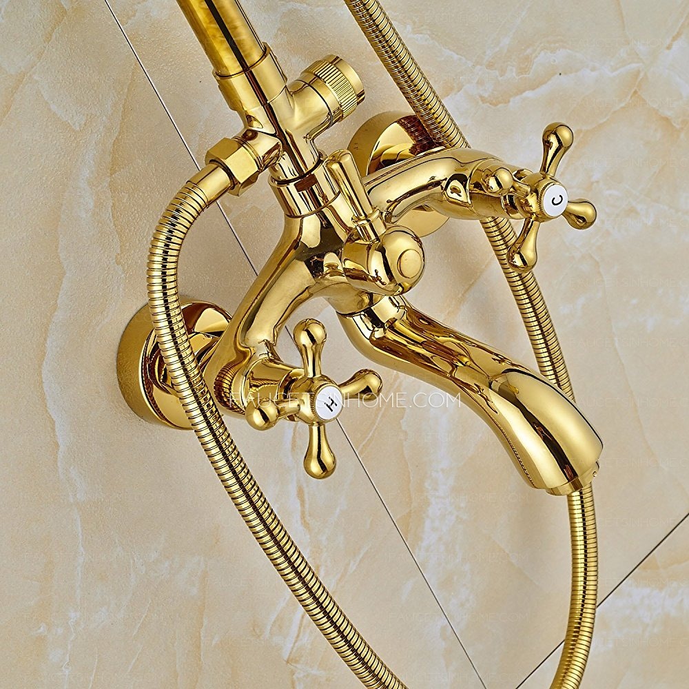 Polished Gold 8 Inch Rainfall Shower Head System Porcelain Handheld Double Cross Handle