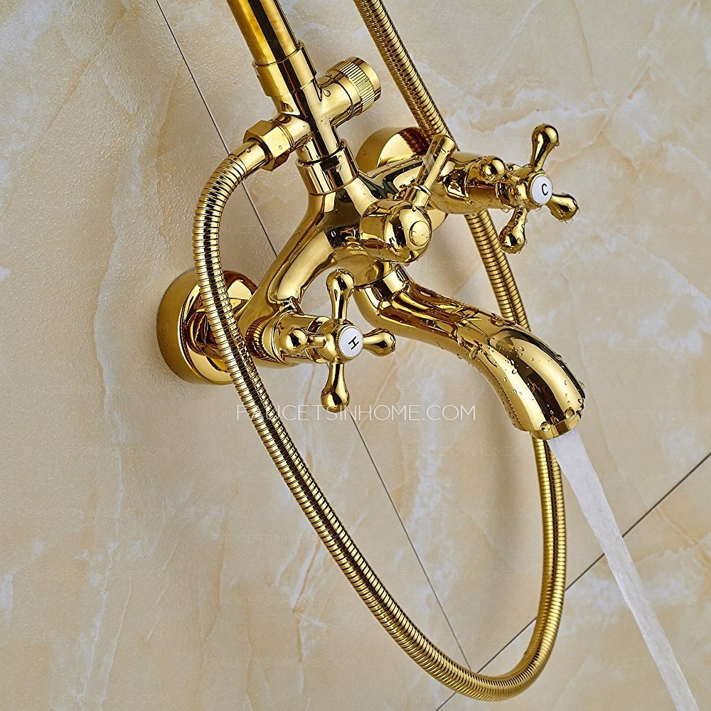 Polished Gold 8 Inch Rainfall Shower Head System Porcelain Handheld Double Cross Handle