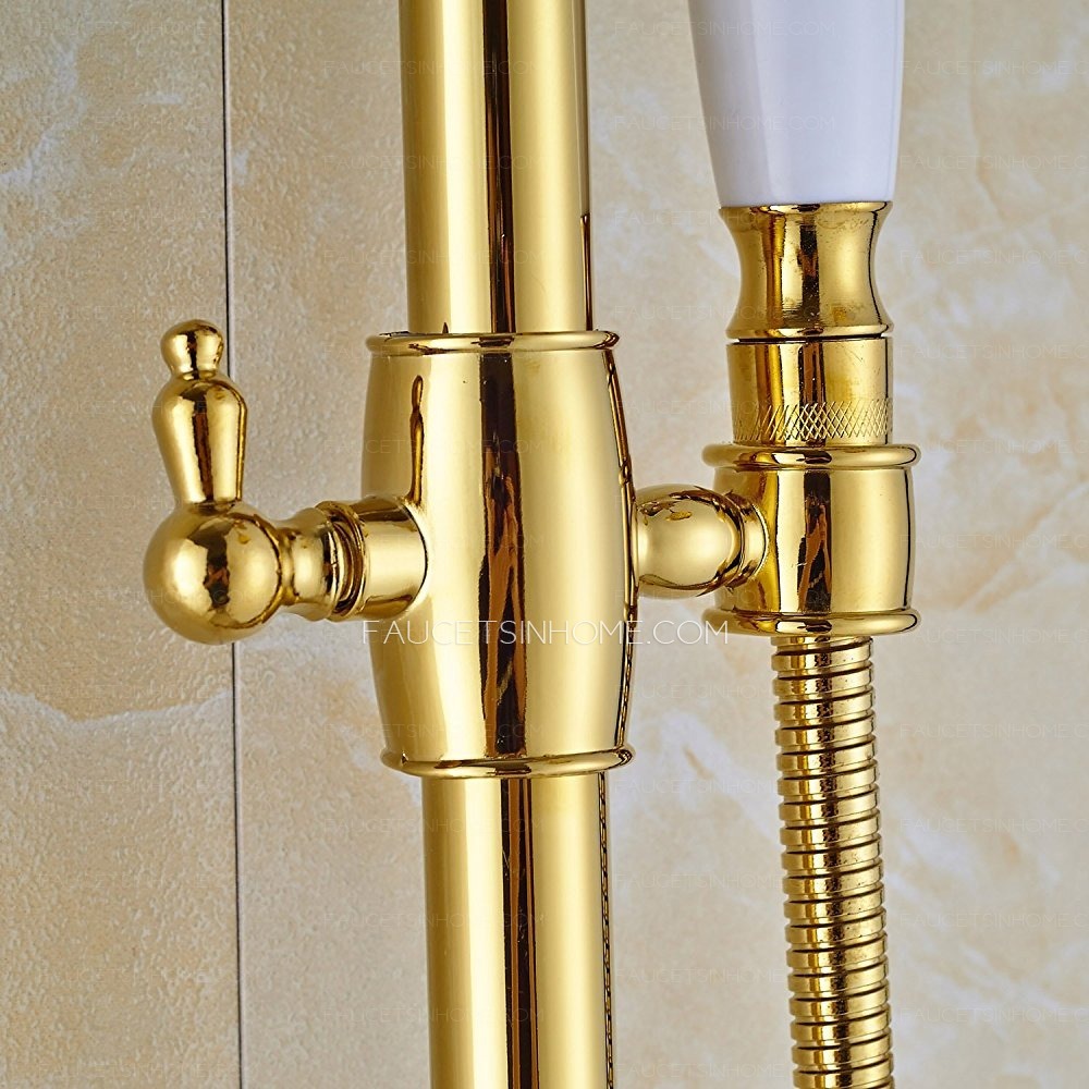 Polished Gold 8 Inch Rainfall Shower Head System Porcelain Handheld Double Cross Handle