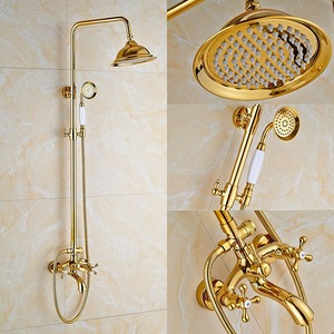 Polished Gold 8 Inch Rainfall Shower Head System Porcelain Handheld Double Cross Handle