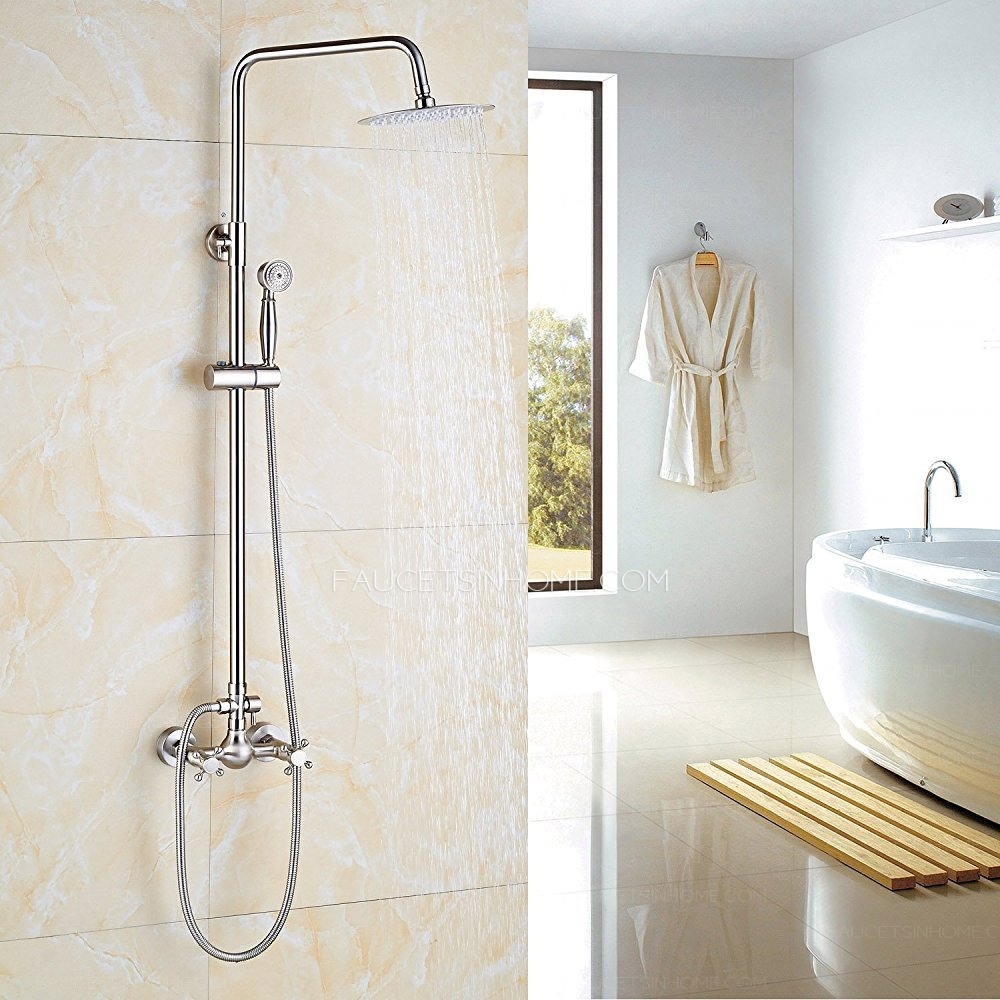 Brushed Nickel HandHeld Sprayer Shower Faucet Set Double Cross Handle Wall Mount 