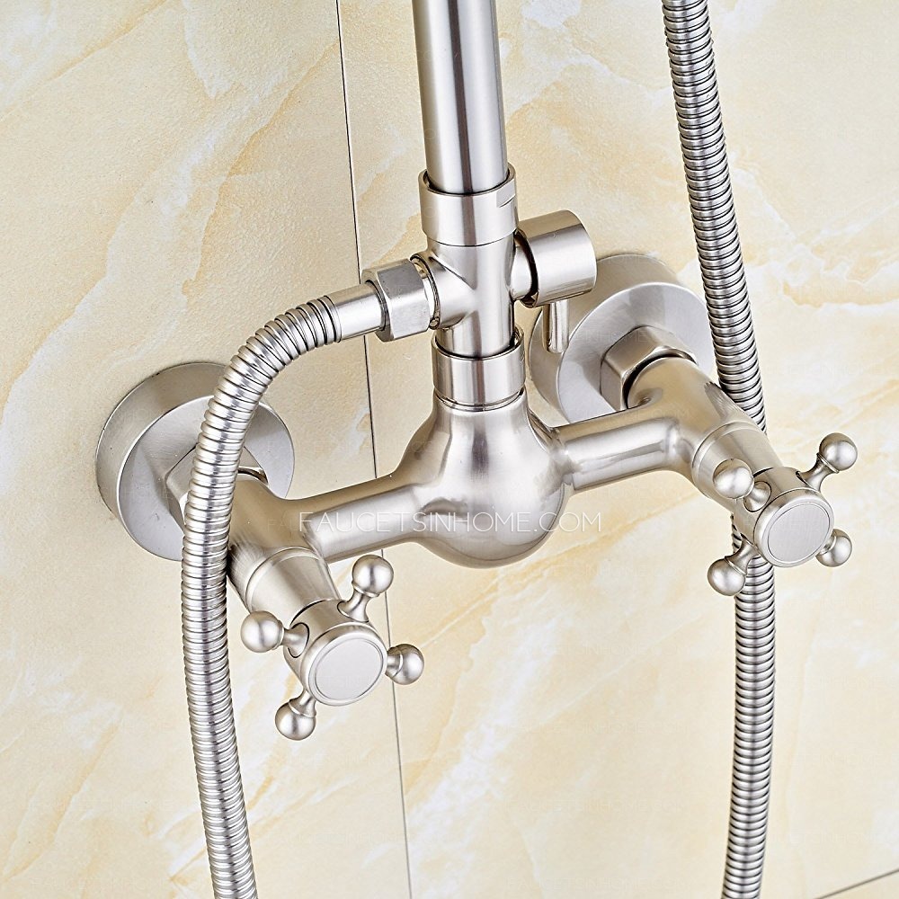 Brushed Nickel HandHeld Sprayer Shower Faucet Set Double Cross Handle Wall Mount 