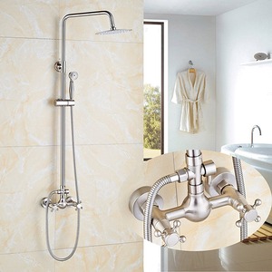 Brushed Nickel HandHeld Sprayer Shower Faucet Set Double Cross Handle Wall Mount 