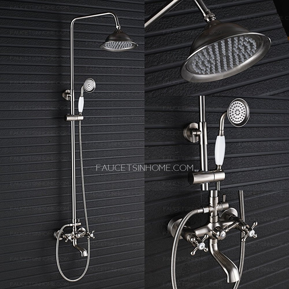 Brushed Nickel Shower Faucet Porcelain Handheld Spray Double Lever 