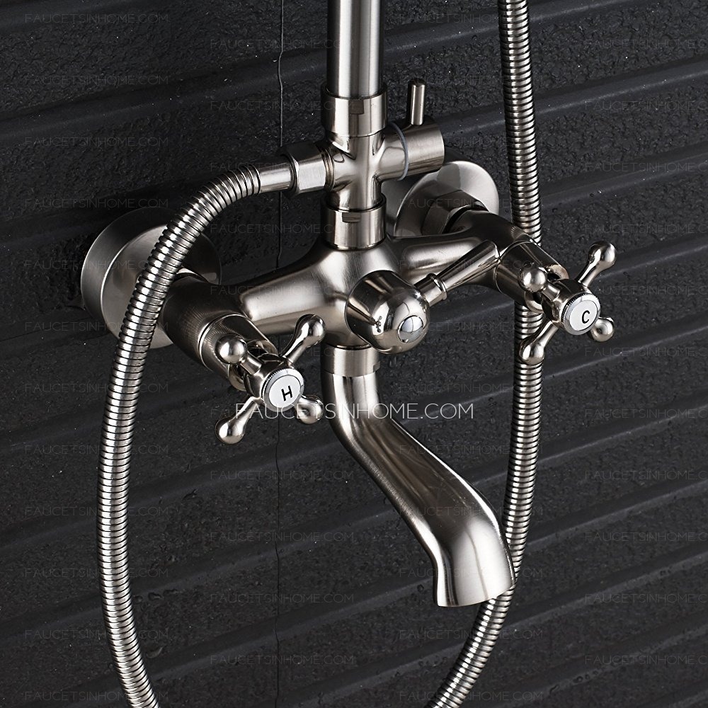 Brushed Nickel Shower Faucet Porcelain Handheld Spray Double Lever 