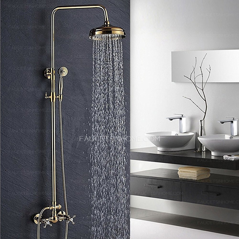 Gold Polish Shower System 2 Cross Contemporary Shower Faucet  Kit Rainfall Exposed 