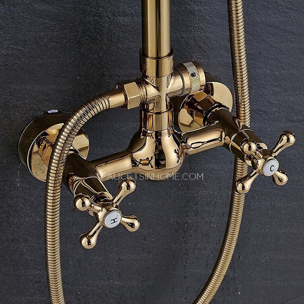 Gold Polish Shower System 2 Cross Contemporary Shower Faucet  Kit Rainfall Exposed 