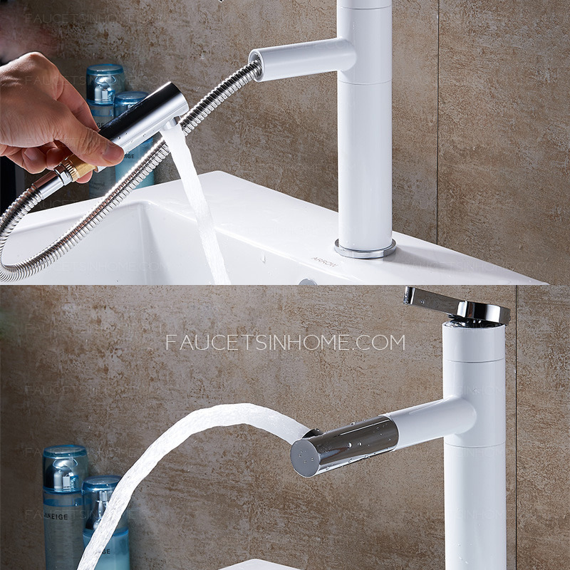 Black White Pull Down Sink Faucet For Bathroom Single Handle Modern 