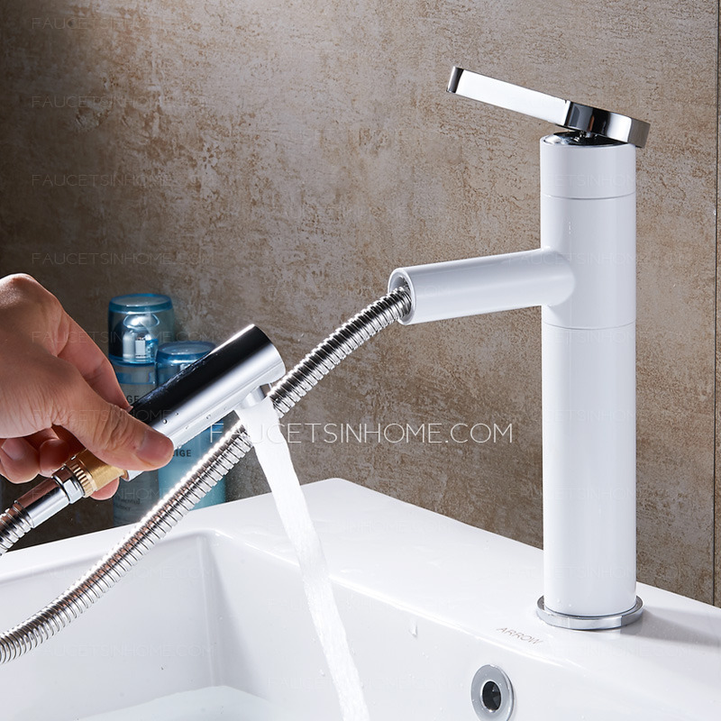 Black White Pull Down Sink Faucet For Bathroom Single Handle Modern 