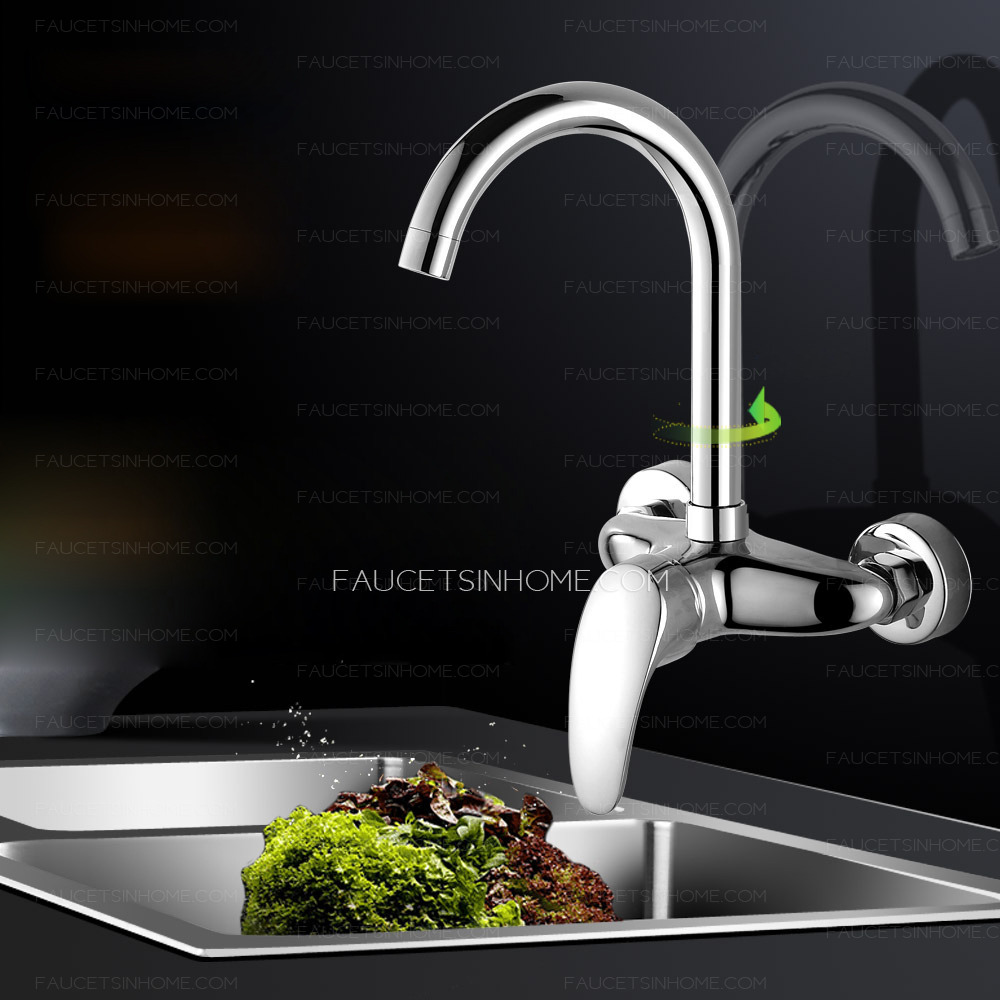 Sliver Chrome Brass Kitchen Sink Faucet Laundry Tap Wall Mount Mixer Tap 