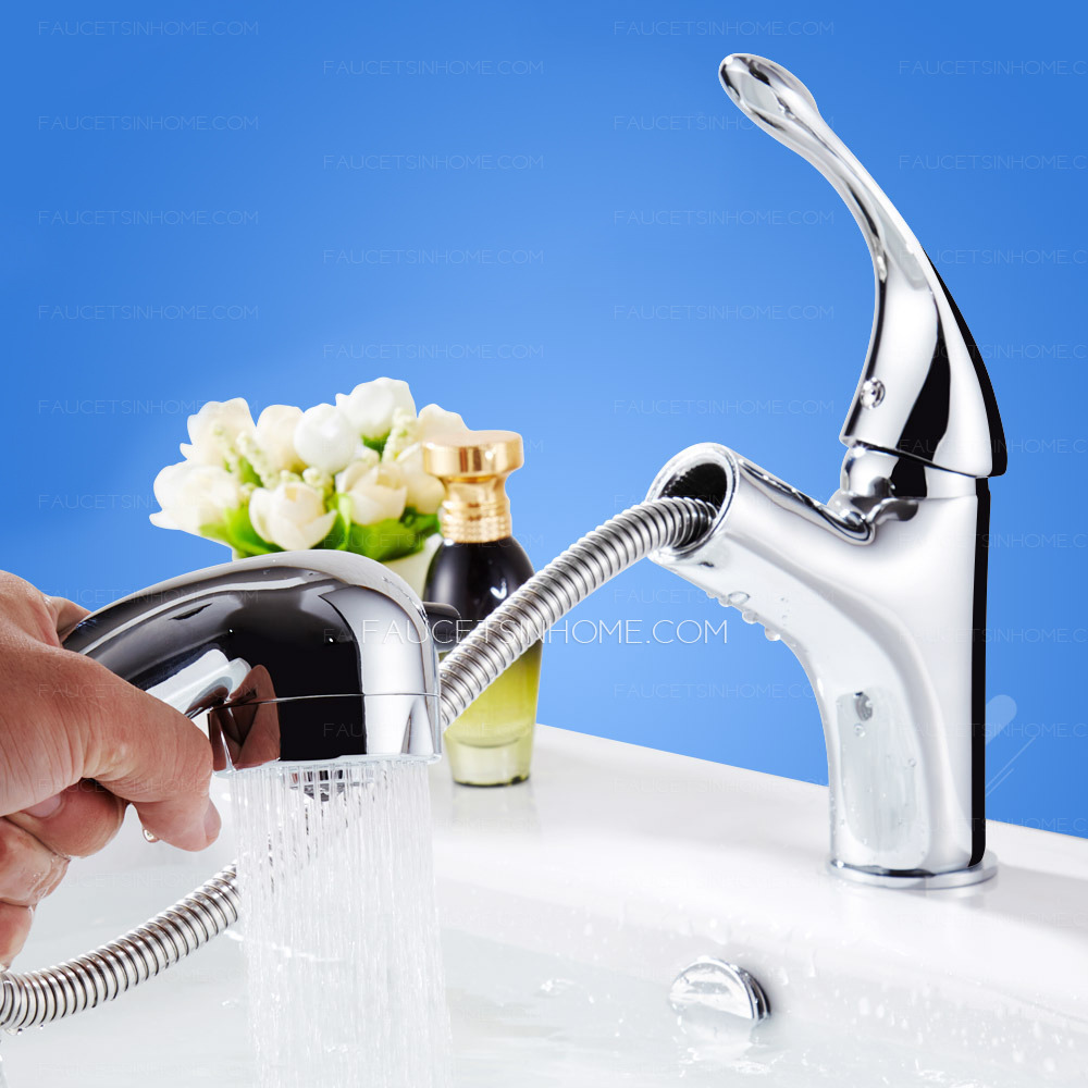 Chrome Pull Out Bathroom Sink Faucet Handle lever Single Hole Mixer Tap