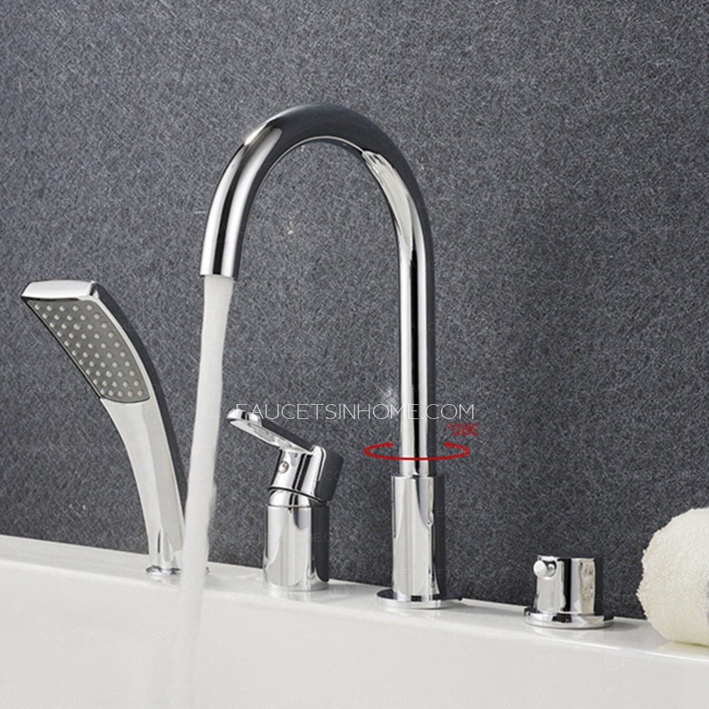 Contemporary Silver 4 Hole Bathroom Tub Faucet With Hand Shower