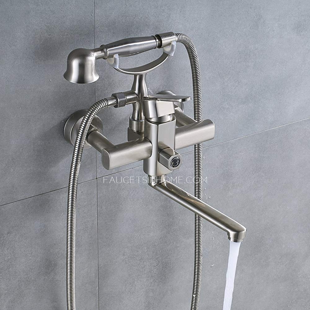 Simple 2 Hole Brushed Nickel Bathroom Tub Shower Faucet Hand held