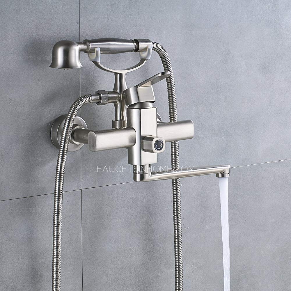 Simple 2 Hole Brushed Nickel Bathroom Tub Shower Faucet Hand held