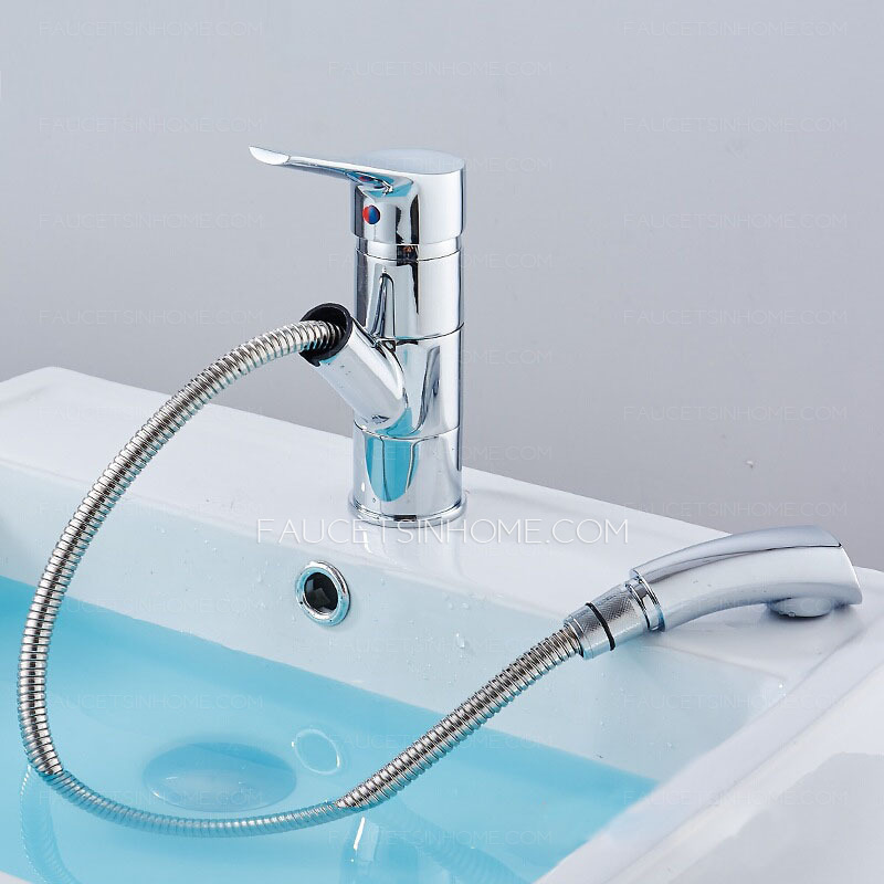 Contemporary Utility Pull Out Chrome Bathroom Sink Faucet Single Handle
