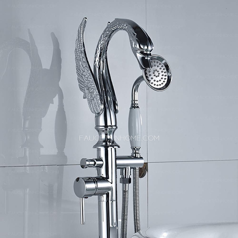 High End Chrome Swan Gooseneck Floor Mounted Bathtub Faucet Handheld