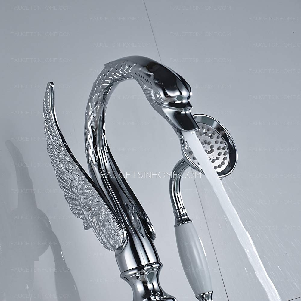 High End Chrome Swan Gooseneck Floor Mounted Bathtub Faucet Handheld