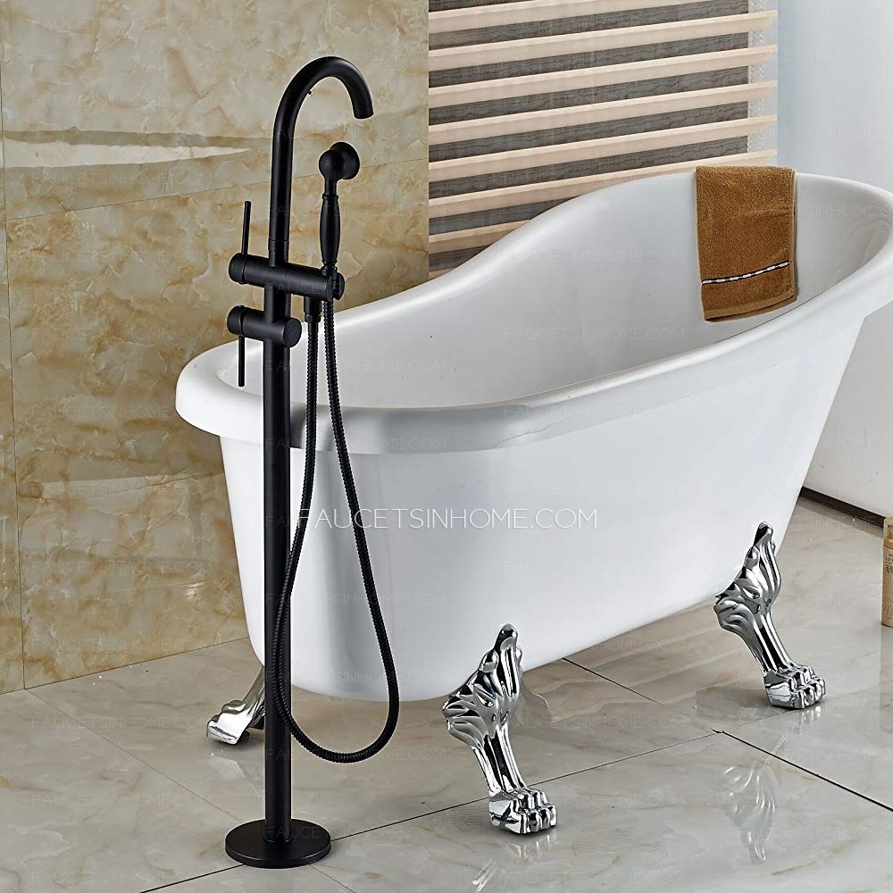 Oil Rubbed Bronze Bathroom Floor Mounted Bathtub Faucet Handle Lever Mixer Tap Handheld Spray
