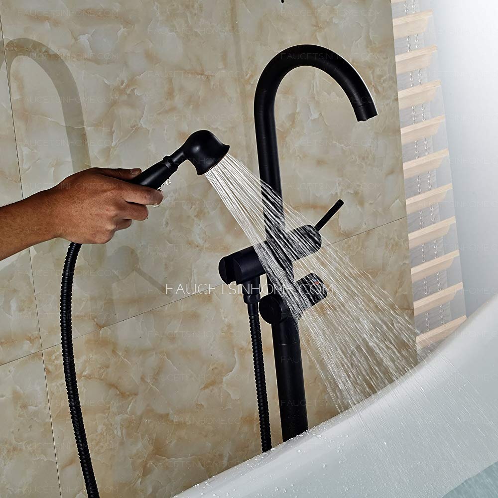 Oil Rubbed Bronze Bathroom Floor Mounted Bathtub Faucet Handle Lever Mixer Tap Handheld Spray