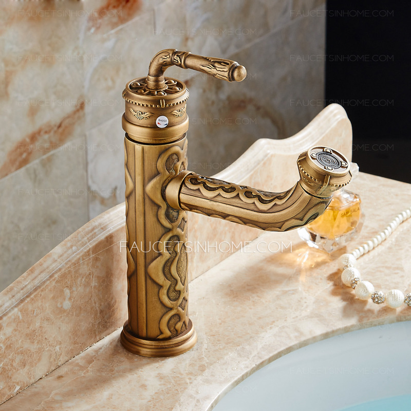 Gold Bathroom Sink Faucet High End Carve Commercial Tap Single Handle