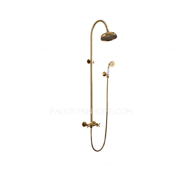 Gold Waterfall Wall Mounted Rustic Brass Bathroom Shower Faucet System