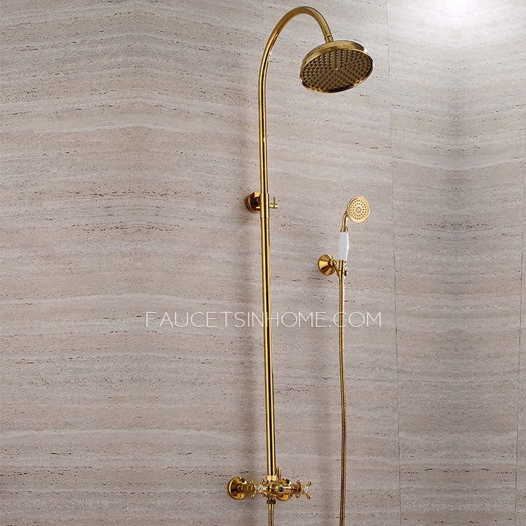 Gold Waterfall Wall Mounted Rustic Brass Bathroom Shower Faucet System