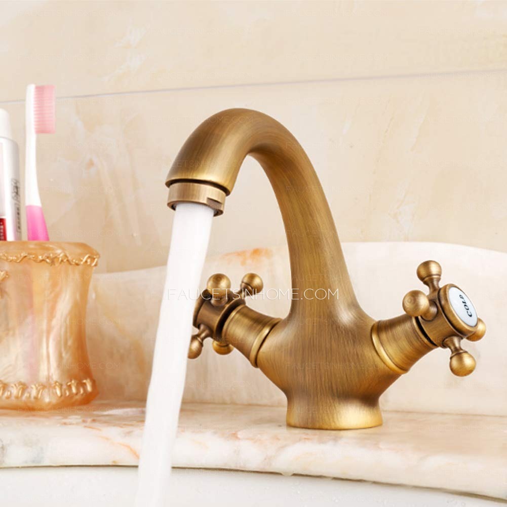 Golden Antique Brass Double Cross Handle Bathroom Sink Faucet 
