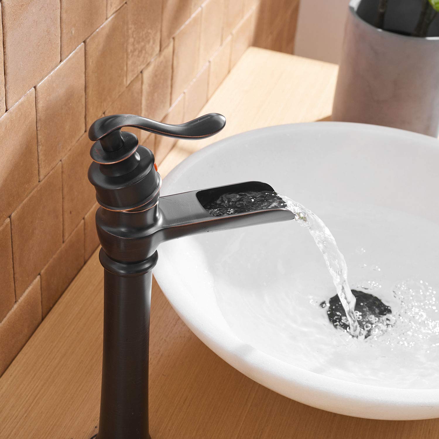 Waterfall Spout Oil Rubbed Bronze Bathroom Faucet Deck Mounted Vessel Sink Single Lever Handle Commercial Basin Mixer Tap Faucet One Hole