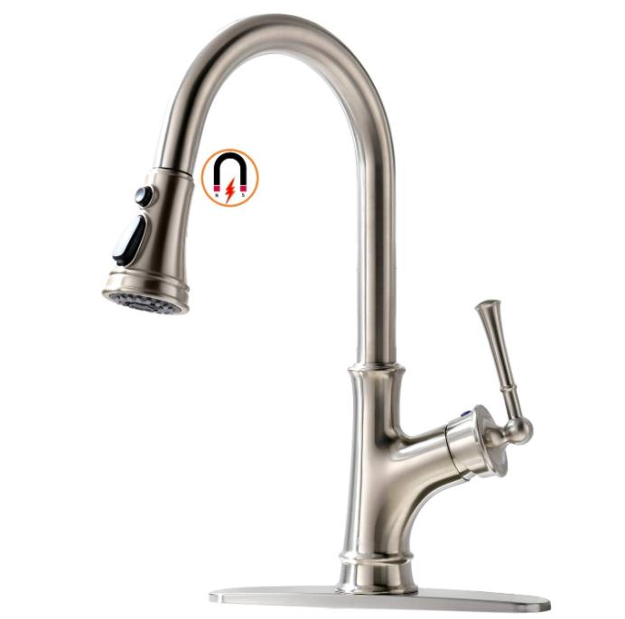 Pull Out Kitchen Faucet Brushed Nickel Deck Plate Cold and Hot Water