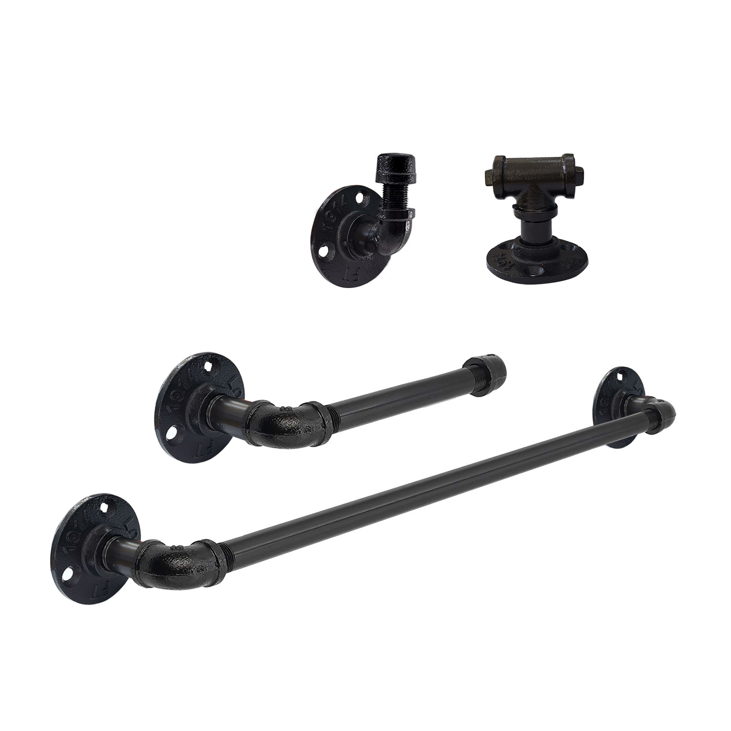 Industrial Pipe Bathroom Hardware Fixture Set by Pipe Decor | 4 Piece Kit Includes Robe Hooks, 18 Inch Towel Bar and Toilet Paper Holder, Heavy Duty DIY Style, Rustic and Chic Industrial Iron Pipe Electroplated Black Finish