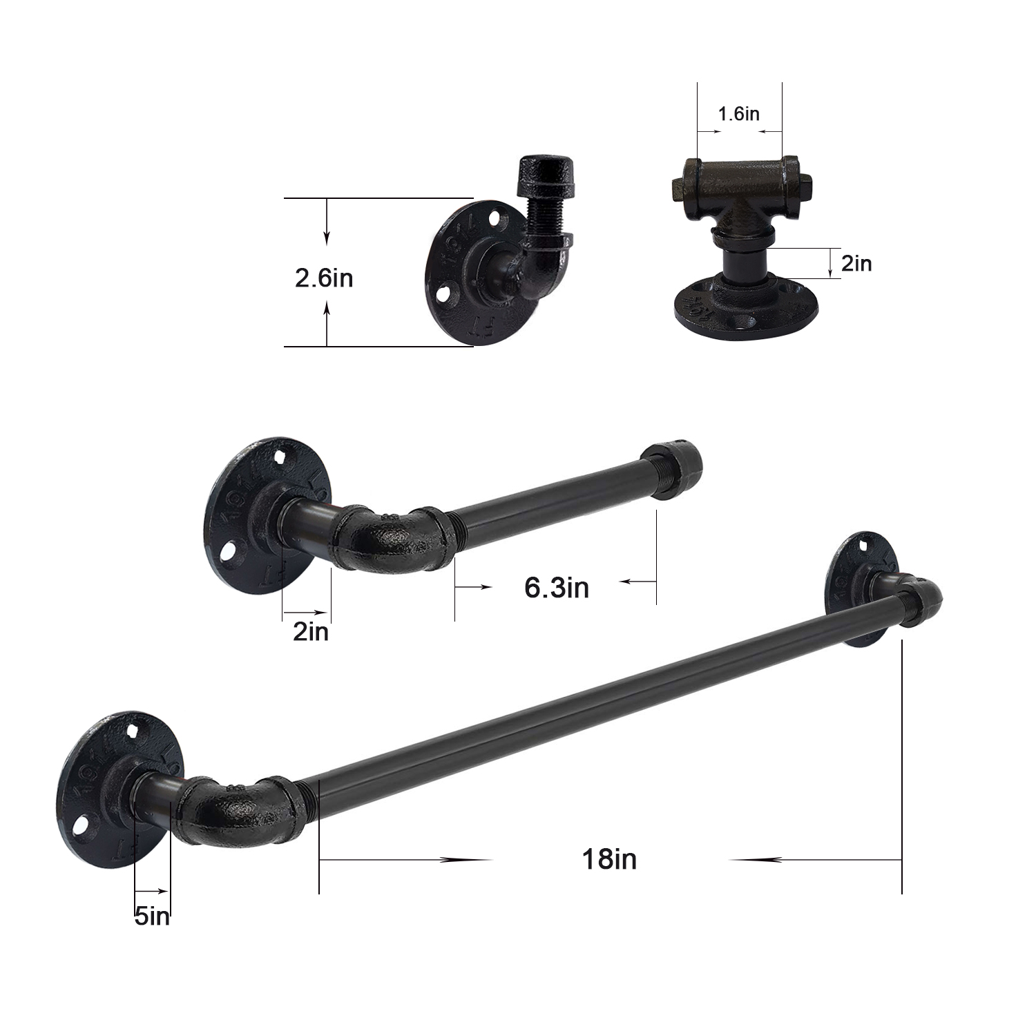 Industrial Pipe Bathroom Hardware Fixture Set by Pipe Decor | 4 Piece Kit Includes Robe Hooks, 18 Inch Towel Bar and Toilet Paper Holder, Heavy Duty DIY Style, Rustic and Chic Industrial Iron Pipe Electroplated Black Finish