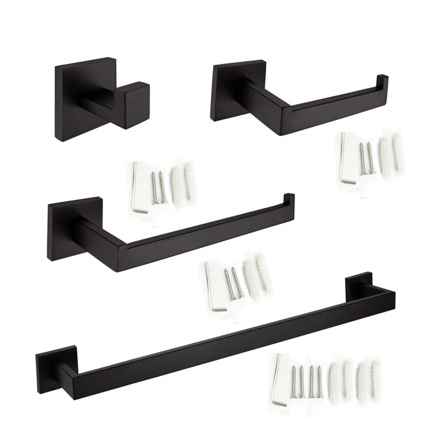 Bathroom Hardware Set 4-Piece Paper Towel Holder Towel Bar Accessories 21-inch Towel Bar Wall Mounted Matte Black Towel Rack Paper Holder Robe Hook