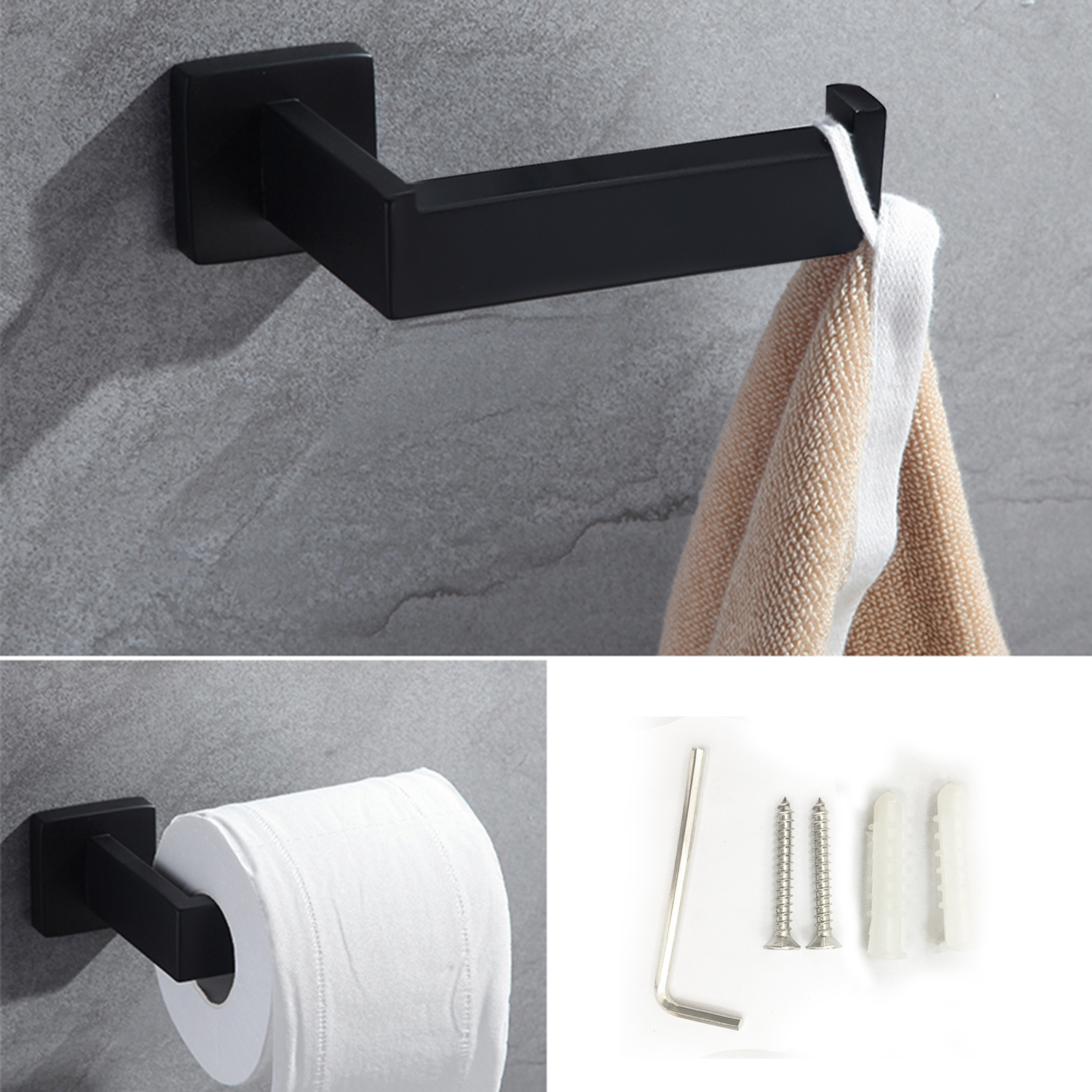 Bathroom Hardware Set 4-Piece Paper Towel Holder Towel Bar Accessories 21-inch Towel Bar Wall Mounted Matte Black Towel Rack Paper Holder Robe Hook